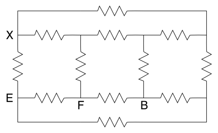 Schematic of resistor cube, with contact points for a cube edge, face diagonal and body diabonal labeled