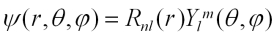 psi of r, theta, phi, equals R-sub-n-l of r, times Y-sub-l-superscript-m of theta, phi