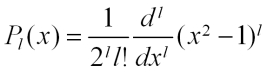 P-sub-l of x, equals 1 over quantity 2-to-the-l times l-factorial, times d-to-the-l by dx-to-the-l, times the quantity x-squared minus one to the l, where l equals 0, 1, 2, etc.