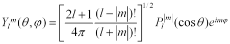 Y-sub-l-superscript-m of theta, phi, equals the square root of bracket, quantity 2l plus 1 over 4 pi, times quantity l minus absolute value of m, factorial, over quantity l plus absolute value of m, factorial, close bracket, times P-sub-l-superscript-absolute-value-of-m, times cosine theta times e-to-the-i-m-phi